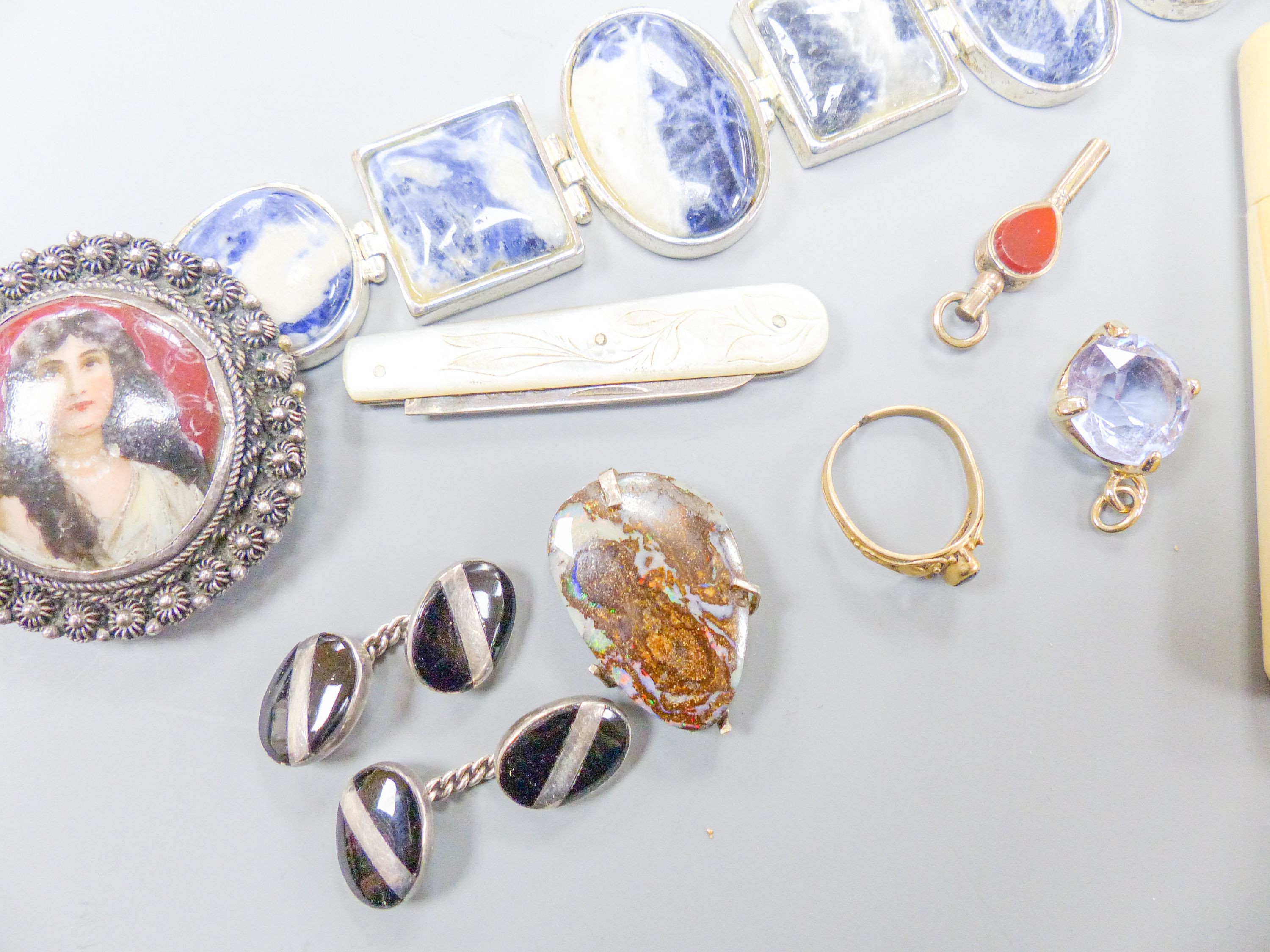 A Chinese ivory card case, costume jewellery etc.